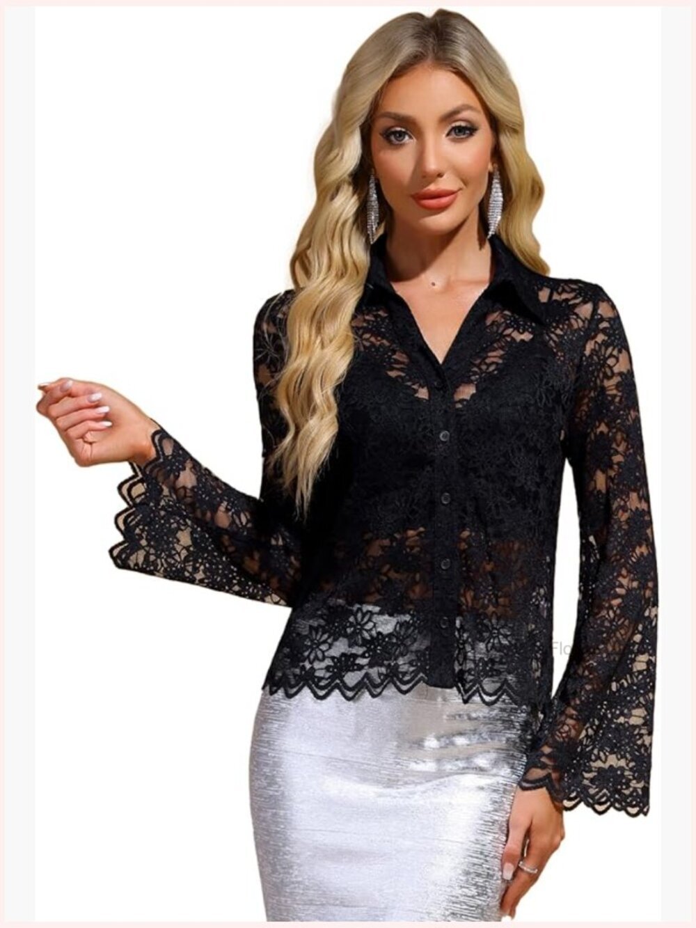 Lace Bell Sleeve Sheer Blouse Button Down V-Neck